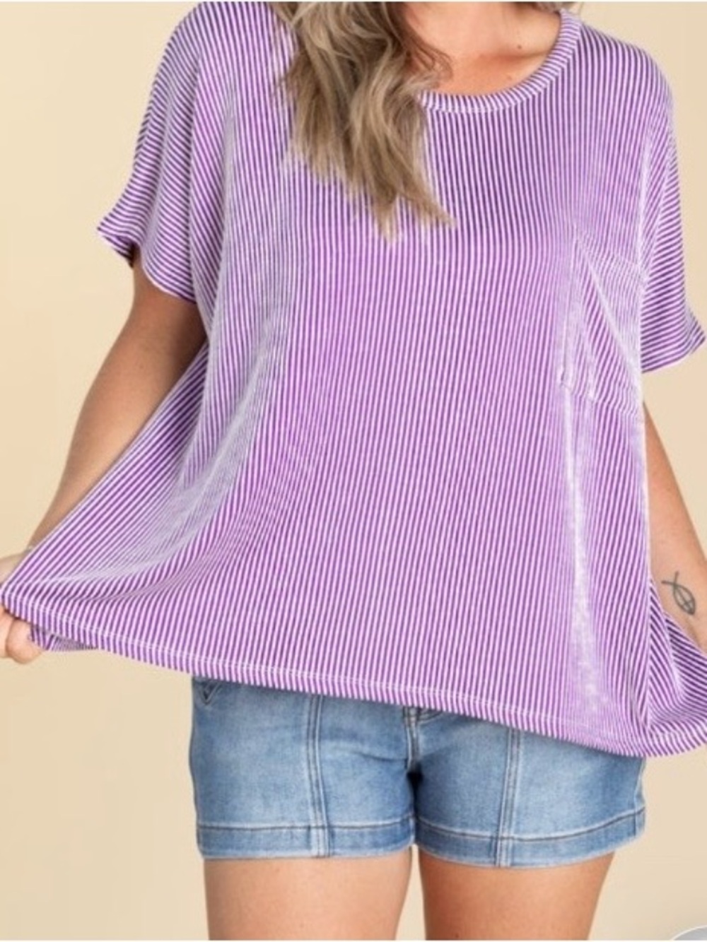 Womens Zenana Ribbed Front Pocket Short Sleeve Tshirt, size 2XL/3XL, Violet